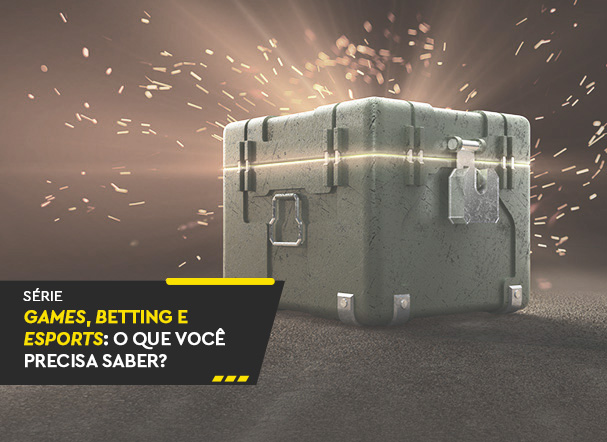 Imagem ilustrativa de caixa fechada, com faíscas saindo de dentro. No canto inferior esquerdo, faixa preta com a frase: série games, betting e esports: o que você precisa saber?