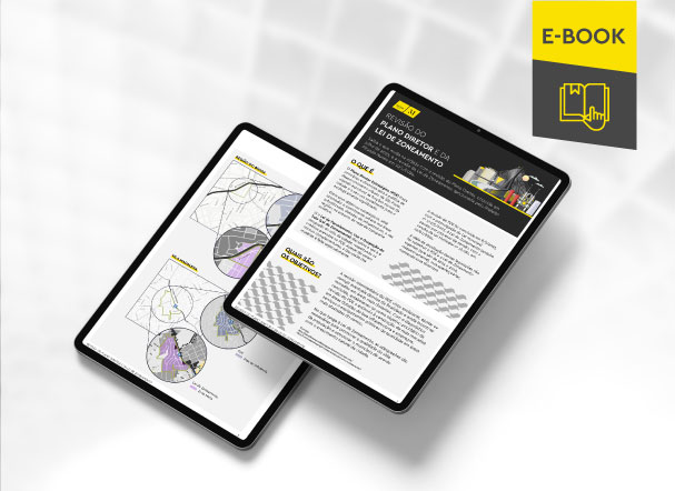Mockup ilustrativo de dois tablets, um acima do outro, com imagens do conteúdo interno do e-book. No canto superior direito, faixa descritiva nas cores amarelo e cinza, com o nome "e-book" escrito