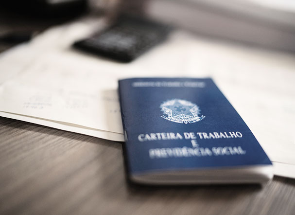 Visão superior de carteira de trabalho, nas cores padrão azul e branco