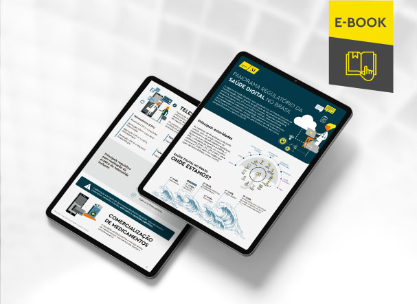 Mockup ilustrativo de dois tablets, um acima do outro, com imagens do conteúdo interno do e-book. No canto superior direito, faixa descritiva nas cores amarelo e cinza, com o nome "e-book" escrito