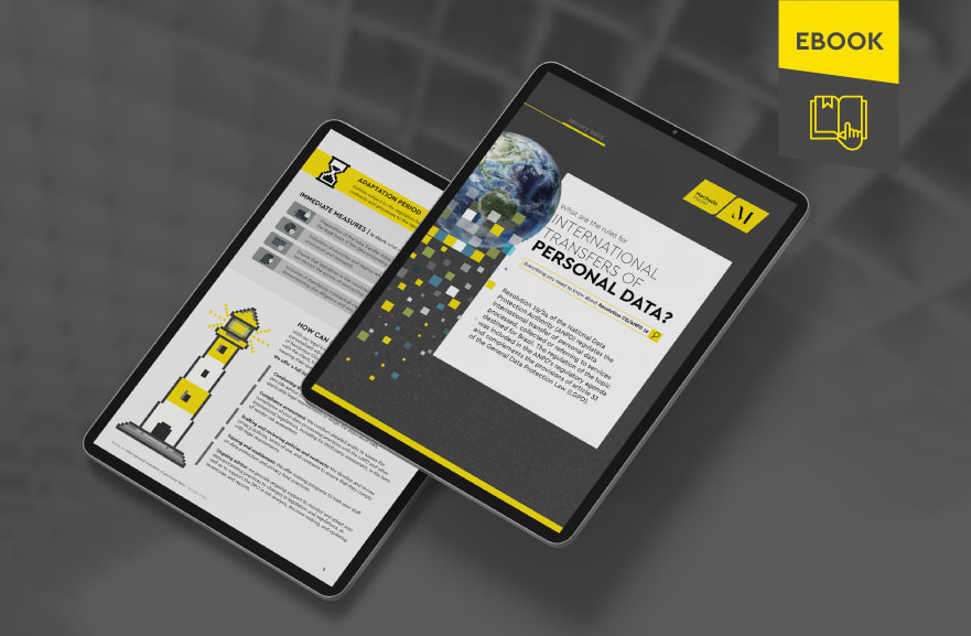 Mockup ilustrativo de dois tablets, um acima do outro, com imagens do conteúdo interno do e-book. No canto superior direito, faixa descritiva nas cores amarelo e cinza, com o nome